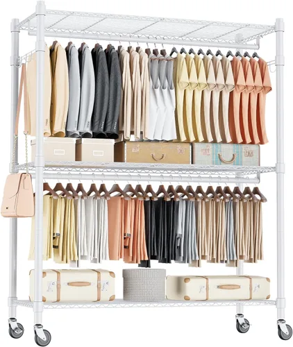 Vista 13 de Homdox Estante para ropa resistente con 3 estantes ajustables de alambre, estantes para ropa para colgar, estante de ropa de doble barra, armario
