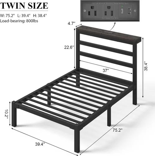 Vista 2 de E-Motie Marco de cama tamaño doble con cabecera de almacenamiento, plataforma industrial con estación de carga y luces LED, espacio