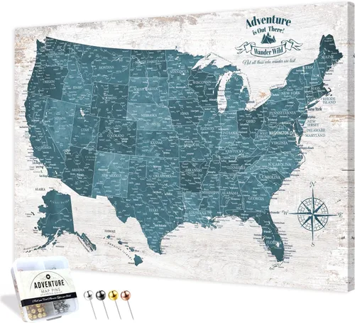 Vista 74 de IPIC - Lienzo con mapas de EE. UU. para decoración de pared, mapa con pin de empuje para marcar viajes, mapa de viaje impreso de EE. UU.