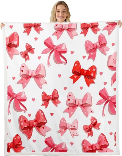 Vista 12 de Manta de franela de forro polar con lazos rosados femeninos de 40 x 50 pulgadas, manta mullida de corazones para el día de San Valentín para sofá
