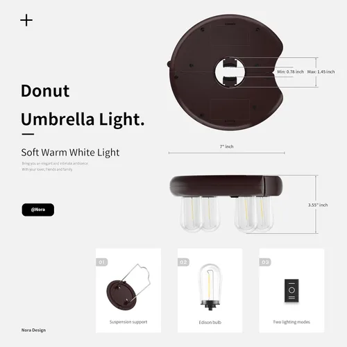 Vista 6 de Luz para sombrilla de patio con bombillas LED Edison, funciona con pilas, luces de poste para sombrilla para exteriores con 2 modos de iluminación