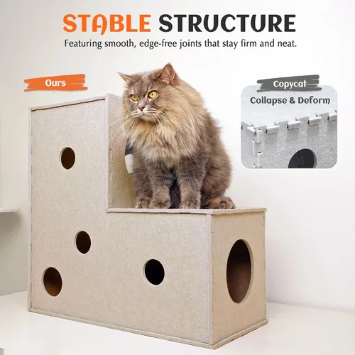 Vista 5 de PETKARAY Túnel para gatos, cueva original para gatos de interior, tubos y túneles de juego para gatitos grandes, juguete de fieltro suave con Beige