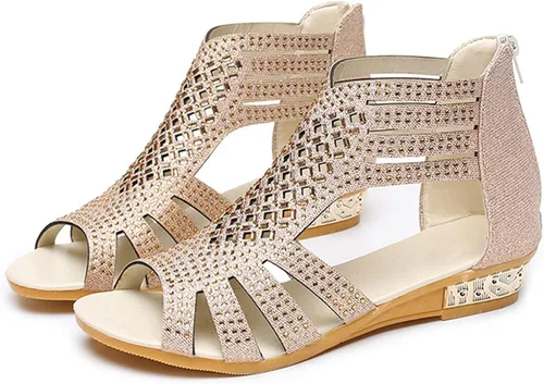 Vista 5 de GETBEE Sandalias de vestir para mujer, sandalias bohemias para mujer, sandalias de cuñas bajas, puntera abierta, sexy, lindas, con diamantes