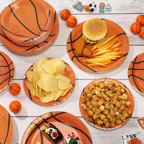 Vista 4 de Aoriher Paquete de 120 platos de papel para fiesta de béisbol, baloncesto, fútbol, fútbol, fiesta, paquete y platos de postre, vajilla temática