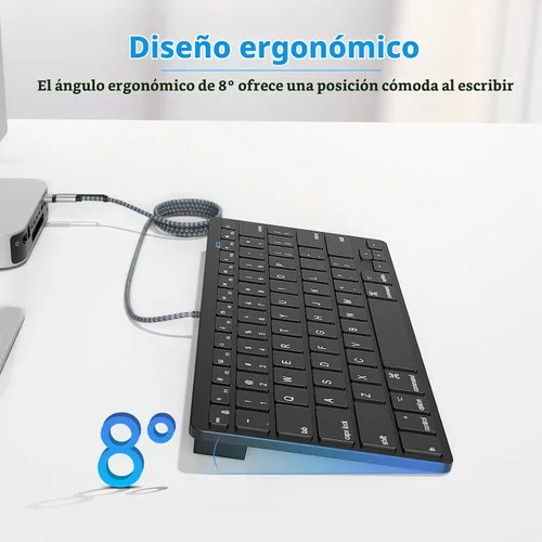 Vista 5 de Teclado con cable ultradelgado para Apple Mac, cable de conversión USB y tipo C, 78 teclas de tijera, teclas de acceso rápido multimedia, compatible