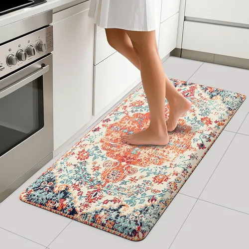 Vista 13 de MAYHMYO Tapete de cocina bohemio, antifatiga, étnico, acolchado, color naranja y azul, alfombras de cocina antideslizantes para cocina, suelo