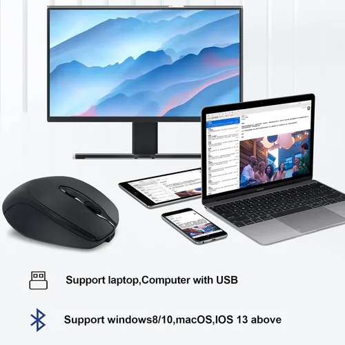 Vista 7 de Ratón inalámbrico recargable Bluetooth silencioso para portátil, iPad, MacBook, PC, Surface Pro, Lenovo, tableta Samsung, diseño ergonómico (negro)