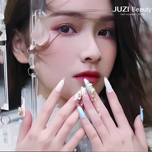 Vista 6 de 24 unidades de uñas postizas largas estilo ataúd CEWEWP con punta francesa marrón, uñas falsas rosas con pegamento, uñas falsas con diseños