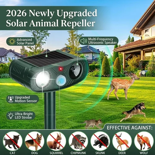 Vista 3 de Paquete de 4 repelentes solares de animales para exteriores: dispositivos repelentes de ciervos Sonic Fortress Pro y repelente ultrasónico