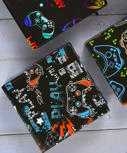 Vista 4 de Papel de regalo de cumpleaños de juegos Titiweet para niños y niñas, 12 hojas de papel de regalo para juegos de video para amantes