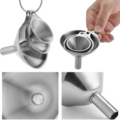Vista 3 de 3 embudo de acero inoxidable de grado alimenticio de metal para cocina con 2 cepillos de limpieza para llenar botellas, transferir líquido, aceite