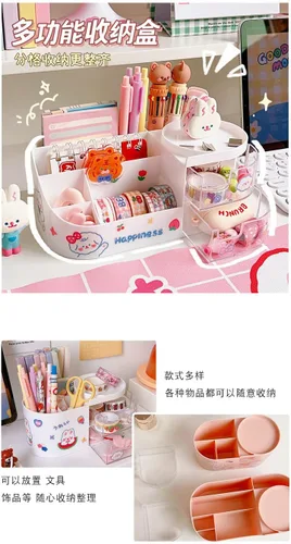 Vista 7 de MLAFE Kawaii - Caja de almacenamiento de artículos de papelería, organizador de maquillaje, suministros de cuenta de mano, lindo organizador Rosa