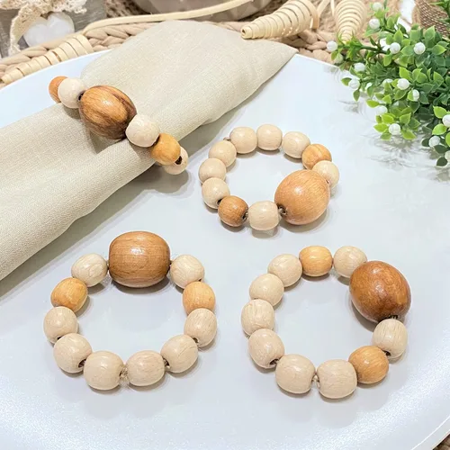 Vista 2 de Juego de 6 servilleteros de madera con cuentas de madera Servilleteros de madera rústica para decoración de mesa, hecho a mano, servilleta LEBEJUA