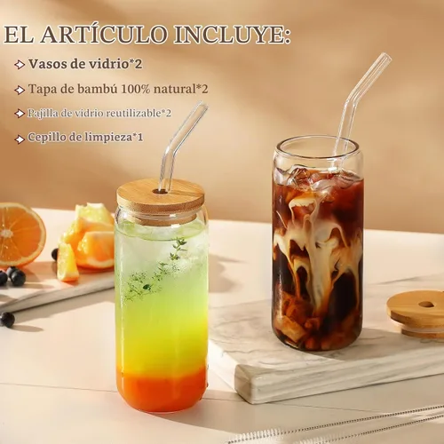 Vista 3 de VITEVER Tazas de vidrio de 20 OZ con tapas de bambú y pajita de vidrio - Juego de vasos para beber con forma de lata de cerveza, vasos para café
