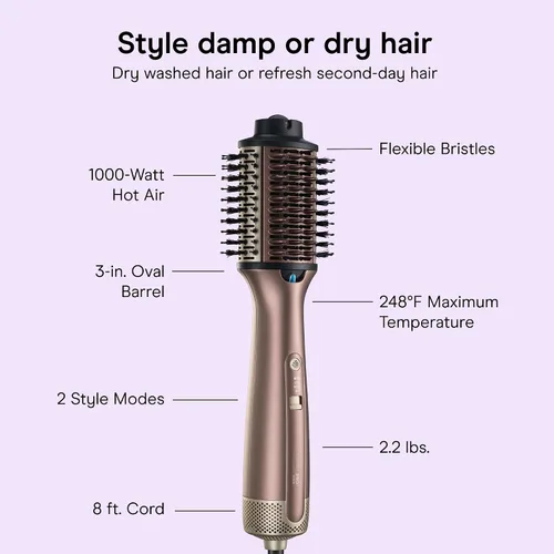 Vista 4 de Cepillo de aire caliente Conair Barril ovalado de 3 pulgadas para cabello ondulado, rizado y texturizado, oro rosa, BC95L