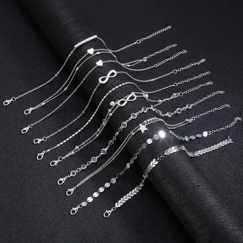Vista 6 de KOHOTA Juego de 20 tobilleras para mujer, juego de tobilleras plateadas y doradas, estilo bohemio, cadena ajustable en capas, joyería para pies