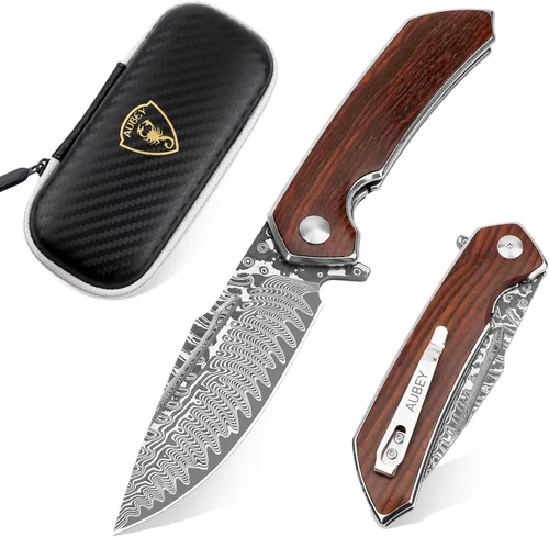 Vista 13 de Cuchillo de bolsillo plegable de Damasco AUBEY hecho a mano con clip para hombres, cuchillo de caza de Damasco EDC con bloqueo de vástago para Mango