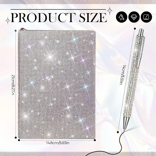 Vista 2 de Kosiz Juego de 2 bolígrafos de diamantes de imitación, bolígrafos de cristal, cuaderno plateado brillante A5, accesorios de oficina, suministros