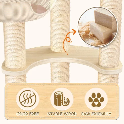 Vista 6 de Tinnmao Torre de árbol de madera maciza para gatos grandes, árbol de madera para gatos de 53 pulgadas con poste rascador cubierto de sisal natural