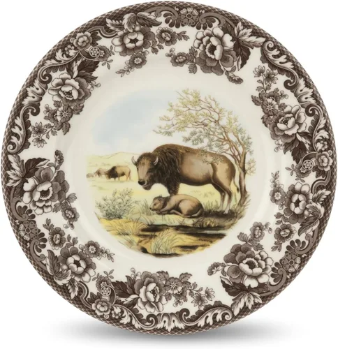 Vista 29 de Spode Woodland Bass Plato de Ensalada - 8" Loza Fina, Hecho en Inglaterra, Diseño de Pez de Caza con Borde de Flores Británicas para Ensaladas