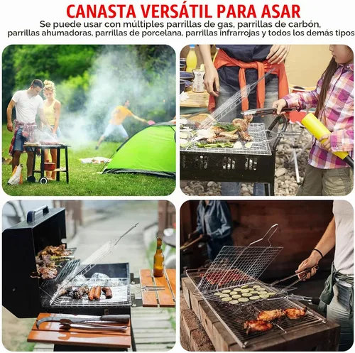 Vista 5 de Cestas de parrilla de pescado para asar al aire libre, barbacoa plegable de acero inoxidable, accesorios de parrilla con mango extraíble, cesta