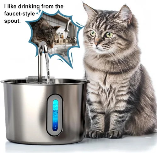 Vista 6 de Fuente de agua para gatos, fuente para gatos de 74 onzas / 2.2 L para beber, fuente de agua para mascotas, acero inoxidable para gatos
