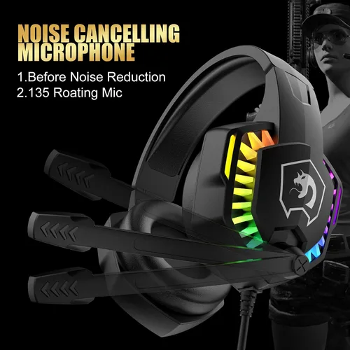 Vista 6 de Combo de teclado y mouse con cable para juegos, teclado con retroiluminación LED arcoíris, auriculares sobre la oreja con micrófono, mouse