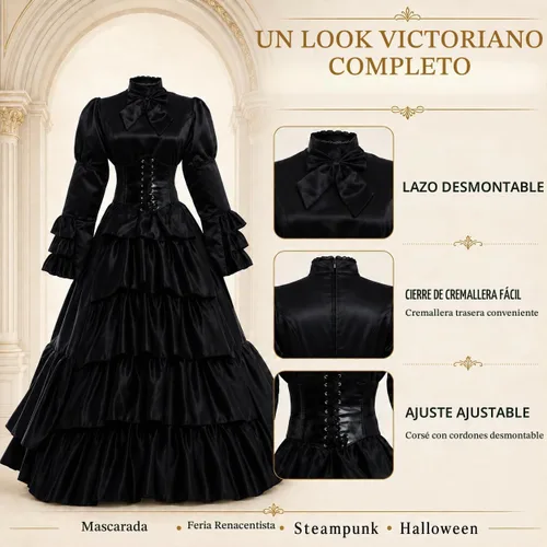 Vista 2 de GRACEART Women Gothic Victorian Rococo Dress Costumes Estilo A (satén)-negro