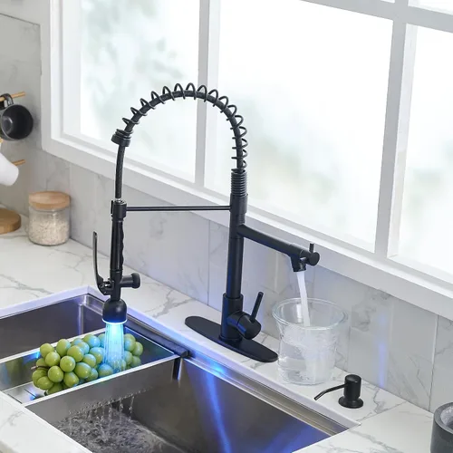 Vista 3 de Fapully - Grifos de cocina comerciales con rociador extraíble negro mate LED de una sola manija para fregadero de cocina, grifo de cocina