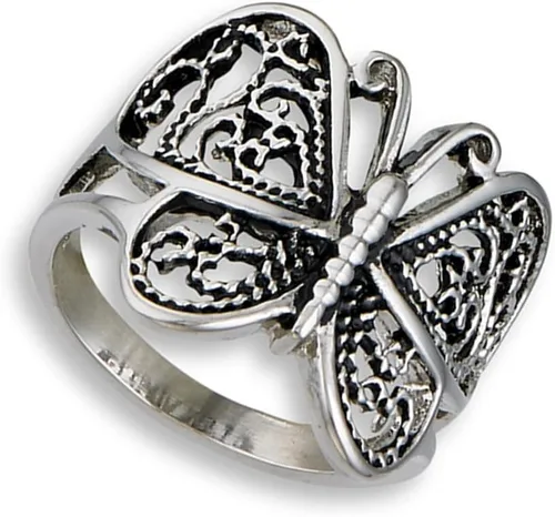Vista 2 de Anillo de alas de filigrana con forma de corazón de mariposa, de acero inoxidable, tamaño 6-10
