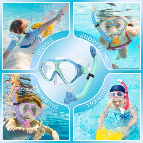 Vista 7 de Gintenco Equipo de esnórquel para niños, juego de esnórquel para niños de 6 a 14 años, gafas de natación de vidrio templado antivaho antifugas