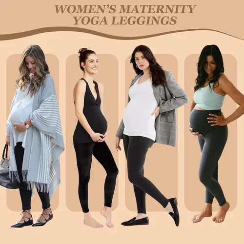 Vista 3 de QGGQDD Paquete de 2 leggings de maternidad sobre el vientre con bolsillos, pantalones negros de cintura alta para entrenamiento, embarazo