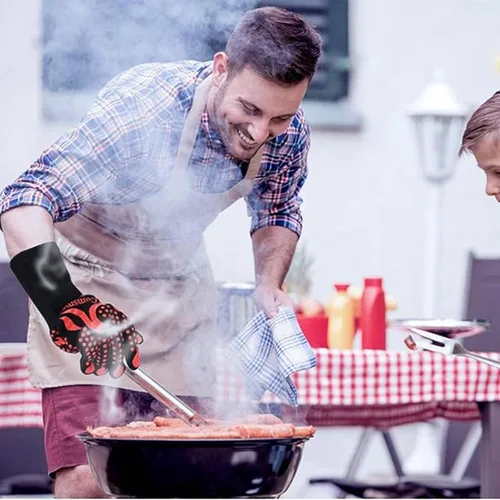 Vista 7 de Guantes resistentes al calor, guantes de barbacoa para hombres y mujeres, guantes de cocina de hasta 1472 °F + sonda termómetro de carne apagado