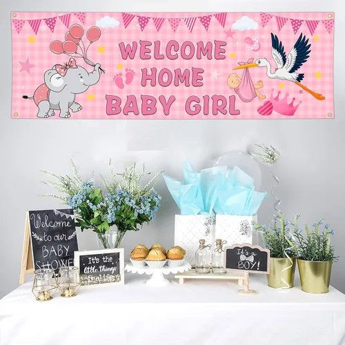 Vista 2 de Banderas de bienvenida a casa para bebé niña para exterior, 24 x 72 pulgadas, doble cara, bandera de "It's a Girl", bandera de pared de baby shower