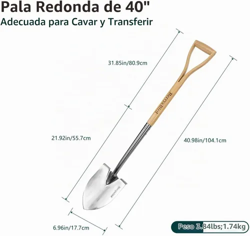 Vista 2 de Berry&Bird - Pala de punta redonda de jardinería con mango de madera en forma de D, pala de acero inoxidable de 40.98" para playa y nieve Pala