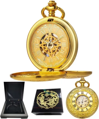 Vista 12 de Relojes mecánicos de bolsillo con números romanos con esfera y cadena para hombre y mujer