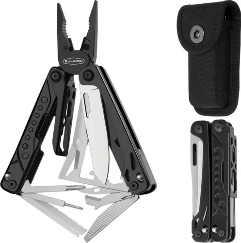 Vista 10 de PERWIN Multiherramienta, alicates multiherramienta de acero inoxidable 17 en 1 con autobloqueo, cuchillo de bolsillo, funda de nailon