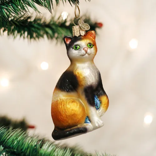 Vista 2 de Old World Christmas - Adorno de gato calico de vidrio soplado para árbol de Navidad, decoración festiva hecha a mano, colección de gatos