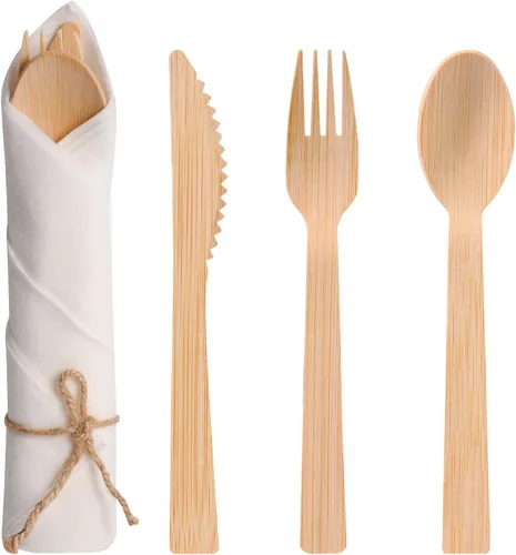 Vista 8 de Juego de servilletas y cubiertos de bambú preenrollados, paquete de 100 utensilios de bambú/cubiertos compostables