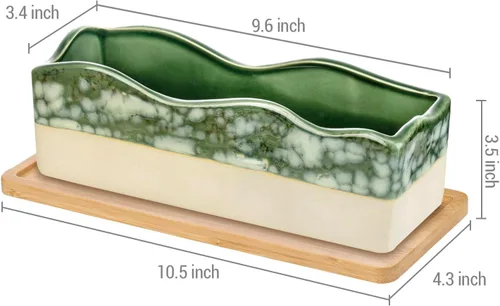 Vista 5 de MyGift Maceta rectangular para suculentas - Maceta decorativa de cerámica beige y verde glaseada con bandeja de bambú extraíble