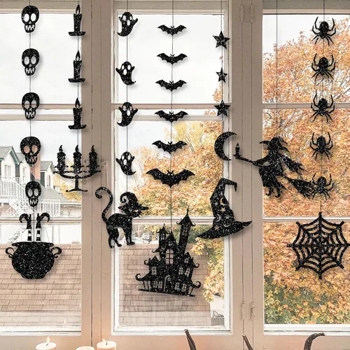 Vista 6 de Guirnalda colgante de Halloween negra con purpurina, fantasmas, brujas, murciélagos, arañas, casa encantada, gato y más, suministros de fiesta