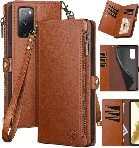 Vista 8 de XcaseBar Funda tipo cartera para Samsung Galaxy S20 FE con cremallera y tarjetero de crédito [bloqueo RFID], funda de piel sintética con tapa