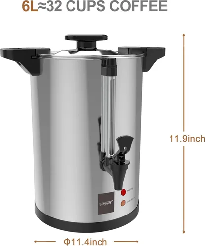 Vista 2 de Valgus Urna de café comercial de 32 tazas de 6 L, cafetera grande de acero inoxidable con percolador, dispensador eléctrico de agua caliente