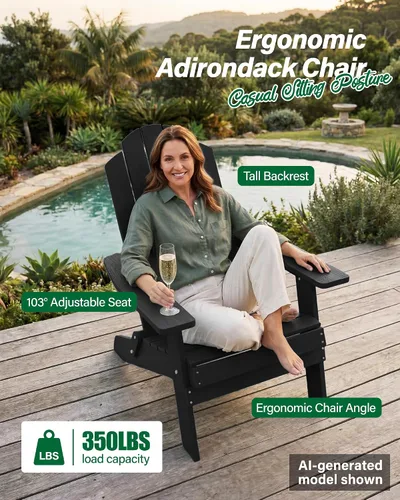 Vista 3 de MXIMU Silla Adirondack plegable para exteriores: sillas Adirondack fáciles de montar y cómodas, silla de plástico compuesto para todo tipo de clima