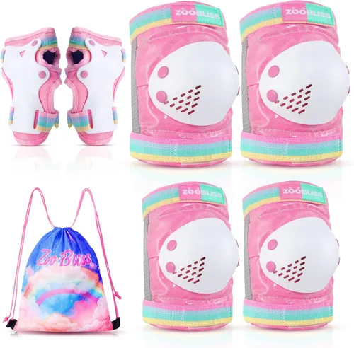Vista 9 de Rodilleras para niños - ZOOBLISS Juego de rodilleras y coderas para bebés con protectores de muñeca para patinaje para niñas de 3 a 12 años,