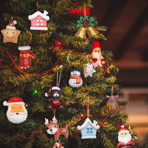 Vista 8 de Eboot 100 piezas Adornos de Navidad de resina miniatura Adornos de resina en miniatura Adornos de árbol de Navidad muñeco de nieve campana Papá Noel
