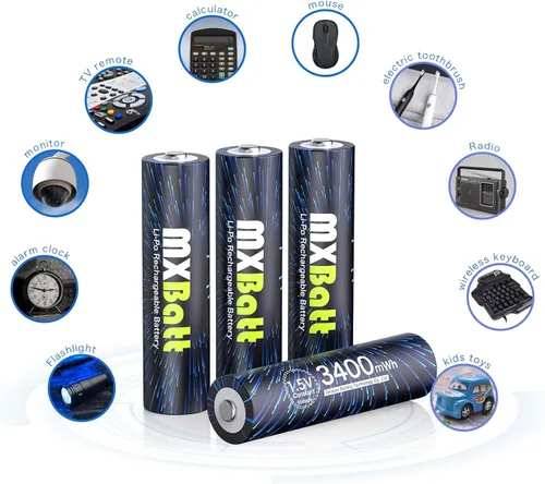Vista 6 de 4 pilas AA recargables de litio, 1.5 V 3400 mWh de alta capacidad