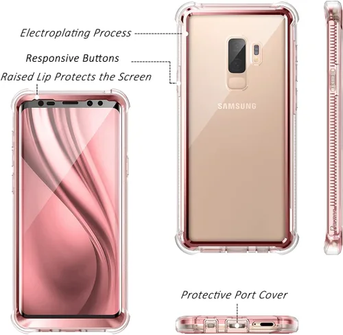 Vista 2 de Dexnor Funda compatible con Samsung Galaxy S9 Plus con protector de pantalla, marco galvanizado, cubierta trasera transparente, resistente 360