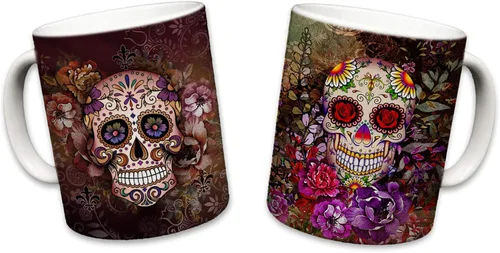 Vista 9 de Sweet Gisele Taza de cerámica de calavera de azúcar, taza de café con estampado floral, diseño del Día de los Muertos, hermosos colores vivos, gran