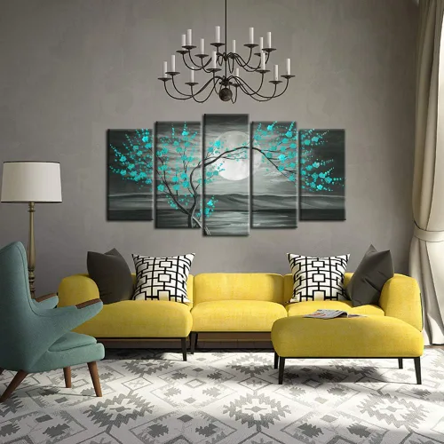 Vista 2 de KREATIVE ARTS Lienzo grande de 5 piezas de impresiones artísticas para pared, color verde azulado, gris, ciruelo, árbol de flor de ciruelo, pinturas